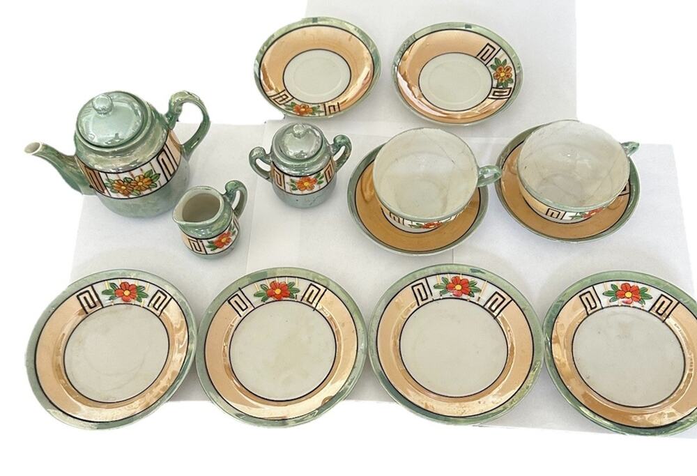 1930s Lusterware Japanese Floral Teapot Creamer Sugar 4 Plates 4 Saucers 3 Cups*